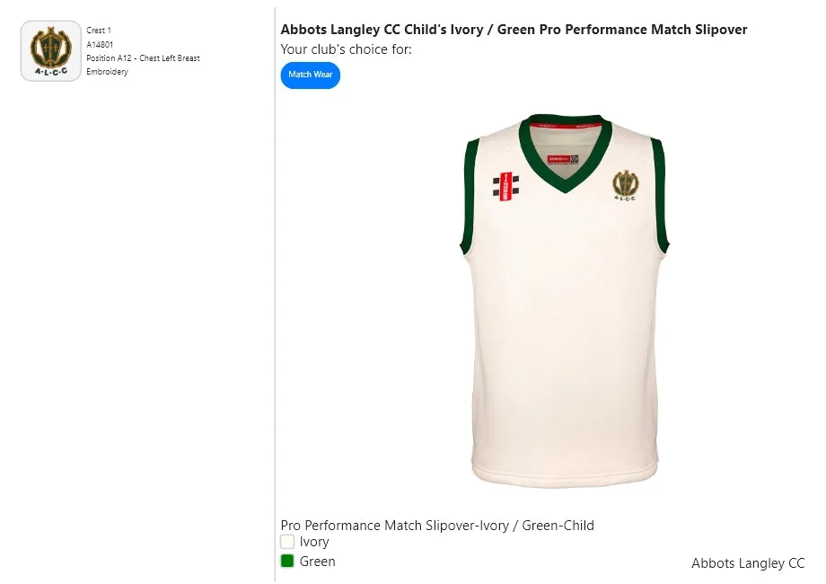 Abbots Langley CC  Child's Ivory / Green Pro Performance Match Slipover