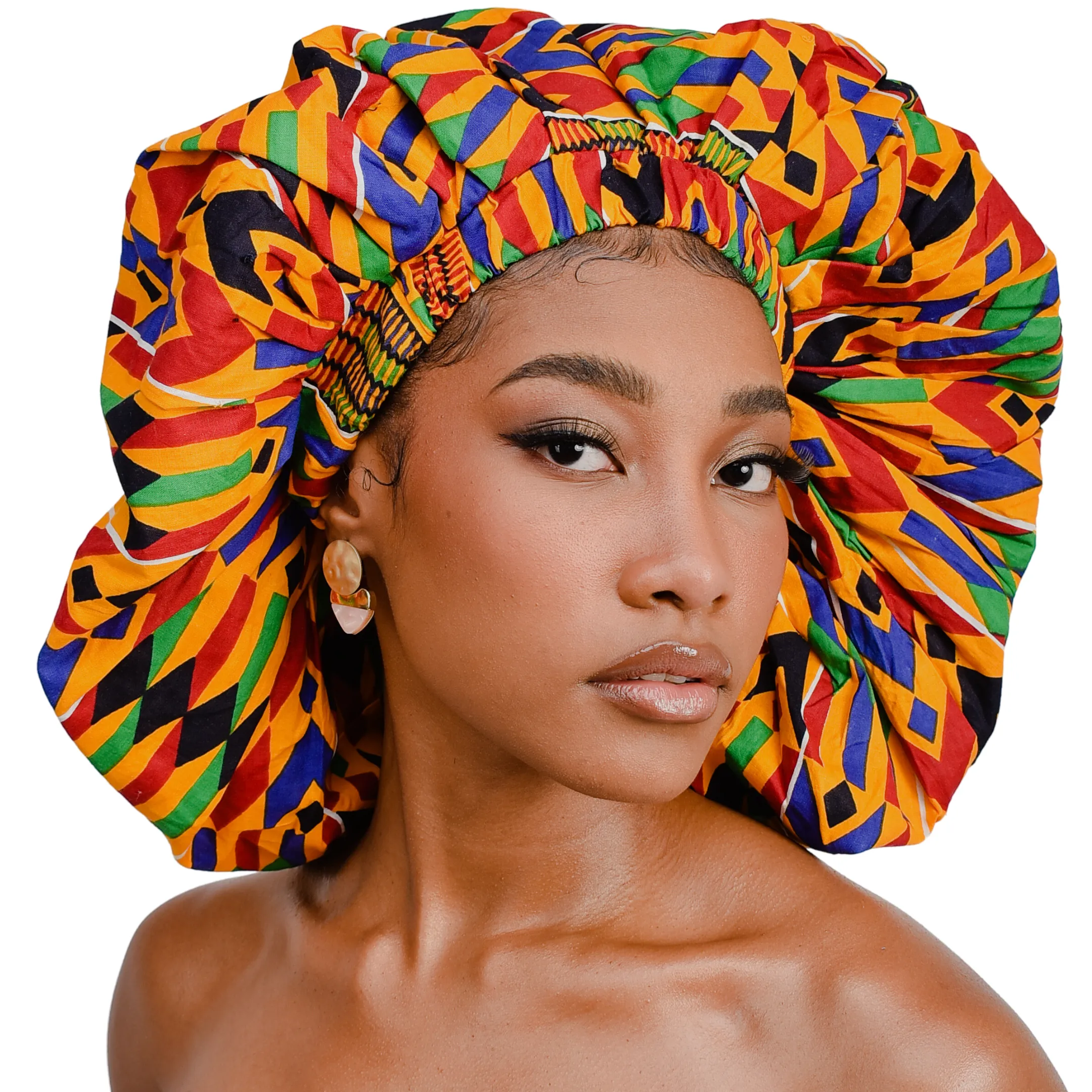 Ankara Silk Satin Bonnet - Kente, XL