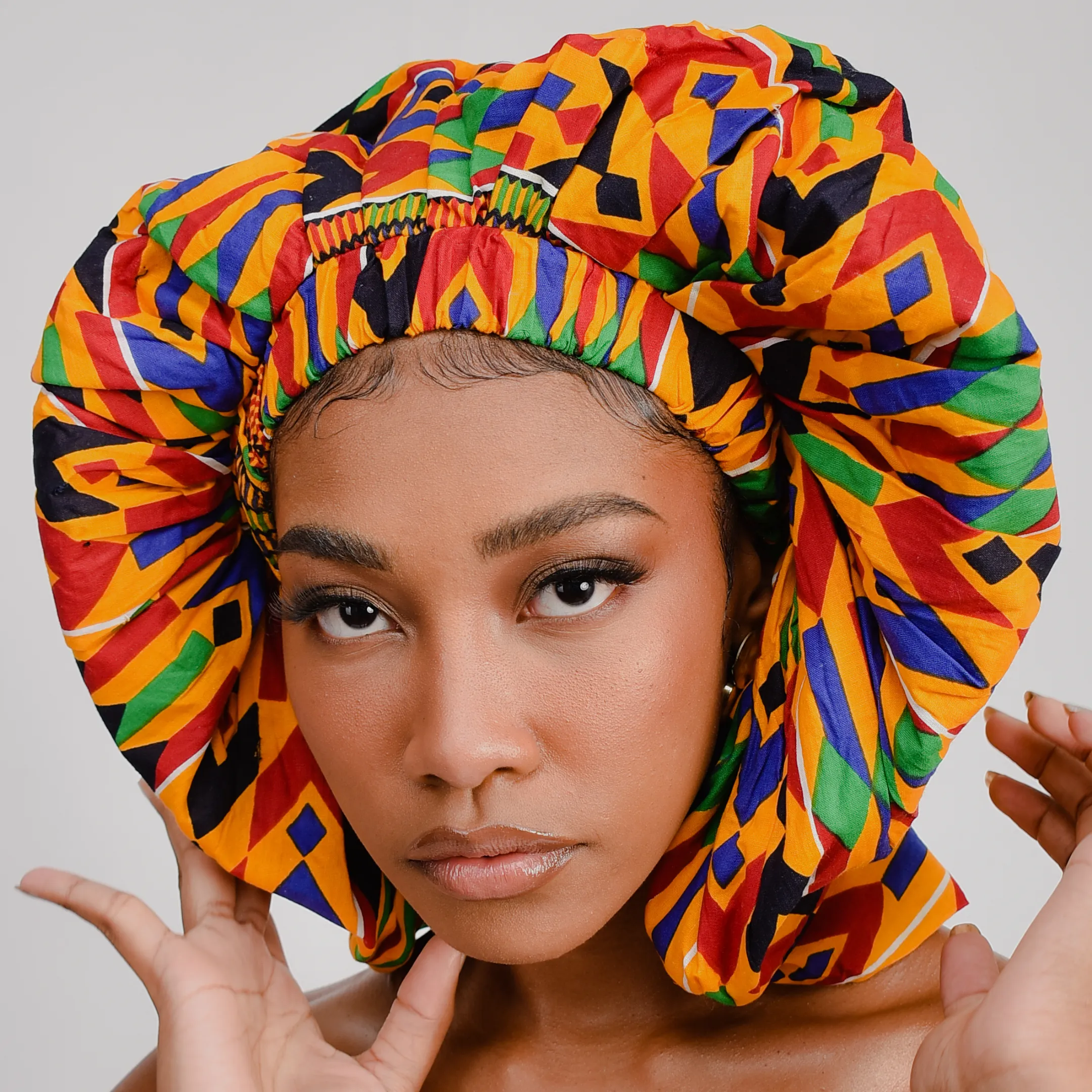 Ankara Silk Satin Bonnet - Kente, XL