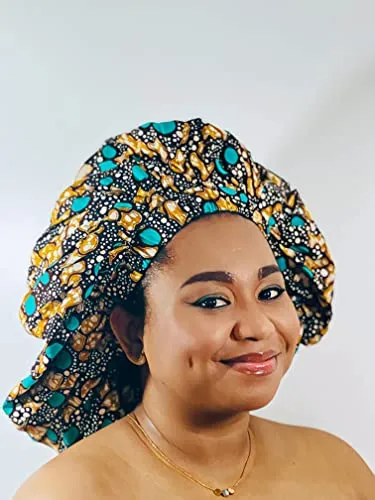 Ankara Silk Satin Bonnet - Teal, XL