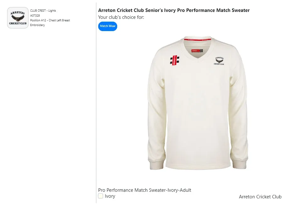 Arreton Cricket Club Senior's Ivory Pro Performance Match Sweater