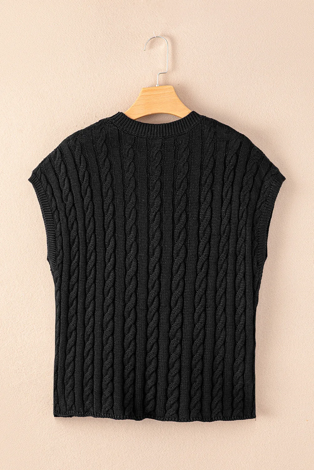 Black Crew Neck Cable Knit Short Sleeve Sweater