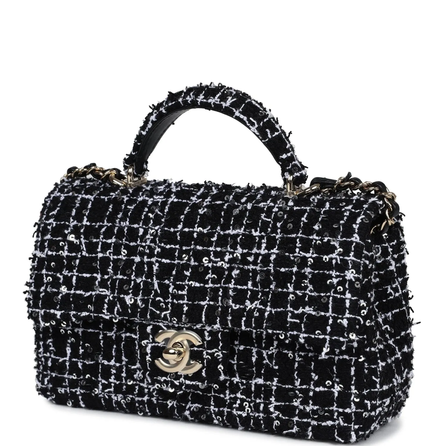 Chanel Mini Rectangular Top Handle Flap Black and White Sequin Tweed Light Gold Hardware