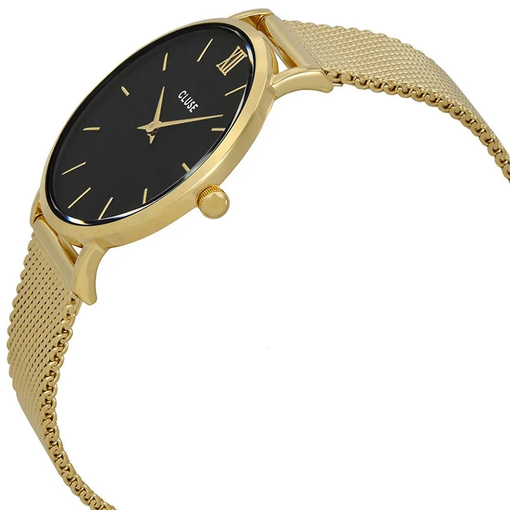 Cluse Minuit Gold Plated Stainless Steel Mesh Black Dial Womens Watch CL30012