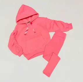 Girls Ruched Hoodie & Ribbed Leggings - Pink