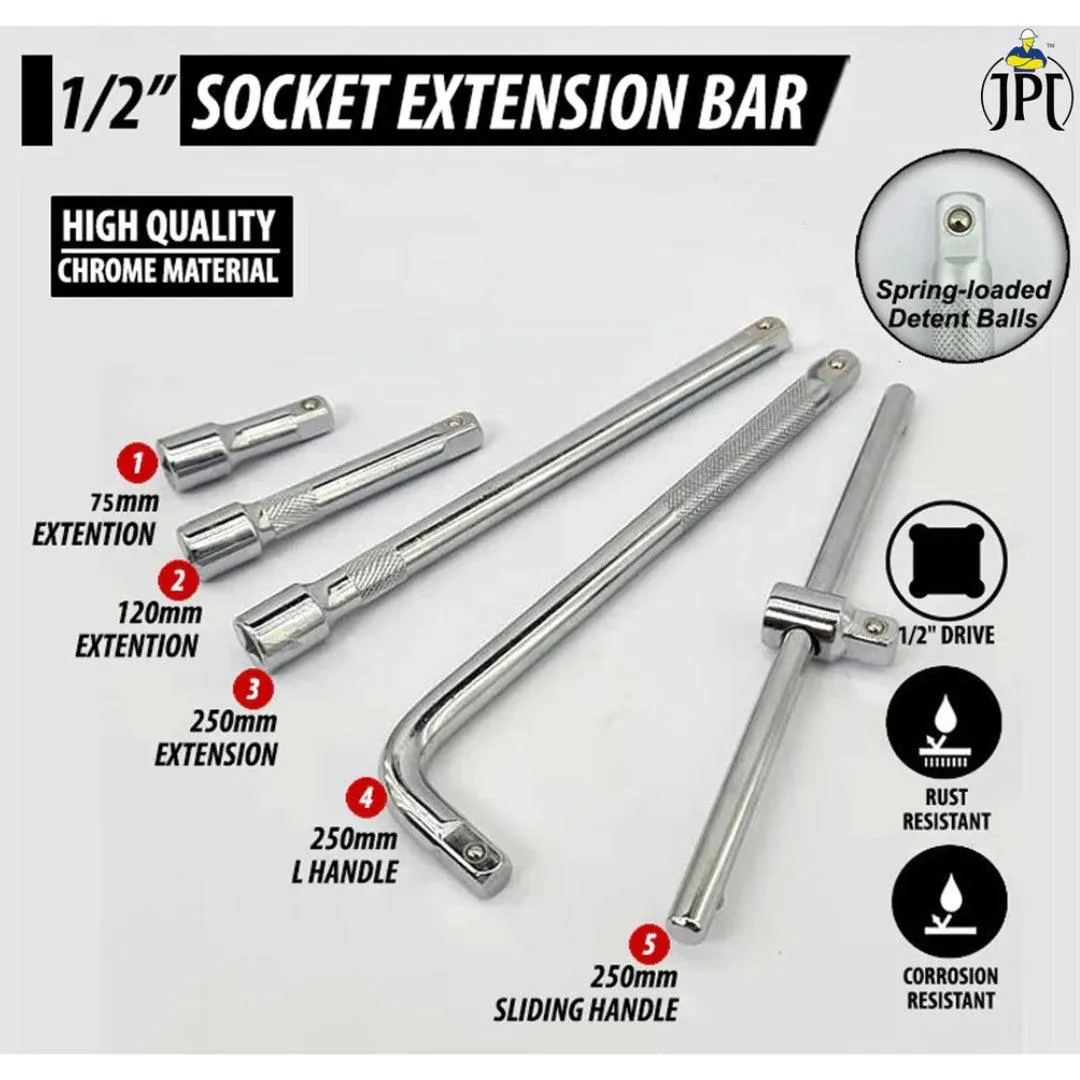 JPT 5Pcs 1/2" Square Drive Socket Wrench Set | Premium Chrome Vanadium Steel | T Handle & L Socket Handle | Three Extension Rod