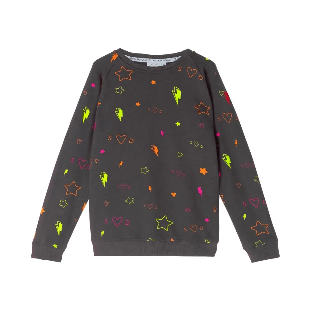 Kids Super Soft Sweatshirt Dark Grey with Neon Heart and Stars