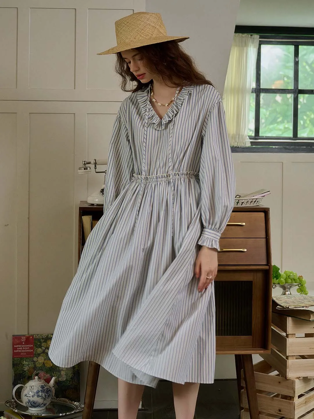 Rhea Trimmed Lace-up V-neck Striped Trimmed Sleeves Dress