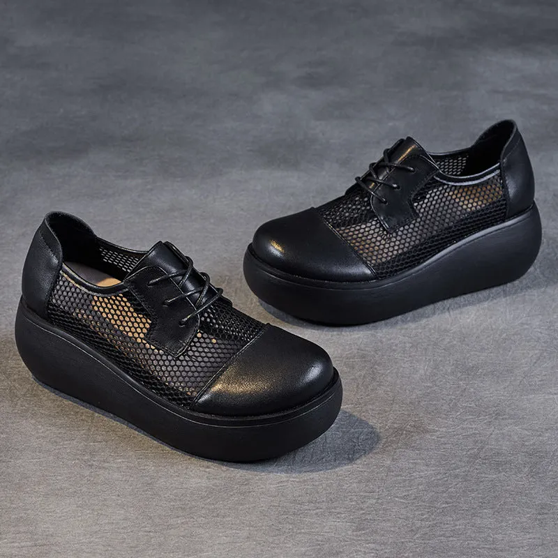 Women Casual Hollow Mesh Leather Platform Shoes