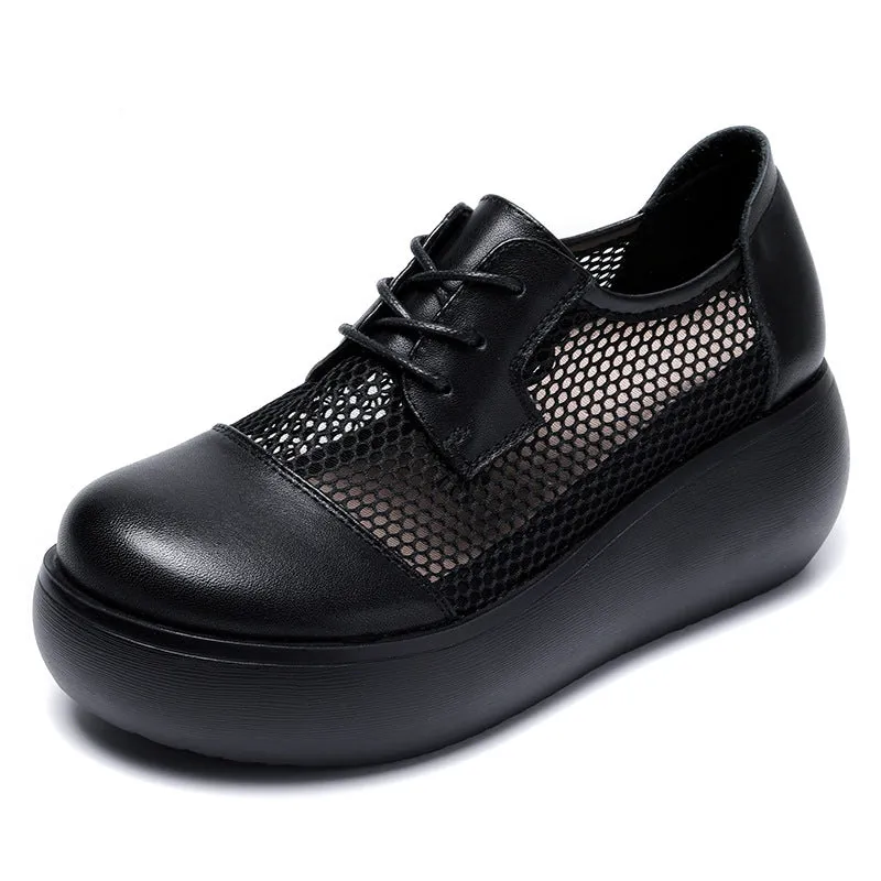 Women Casual Hollow Mesh Leather Platform Shoes