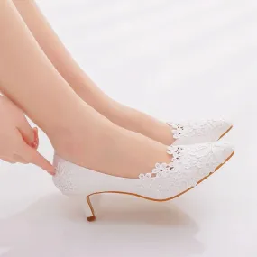 XIHAHA Women's Crystal Queen White Lace Flower Wedding Shoes Woman Point Toe Slips Lady Dress Flats Sneaker Big Size 43