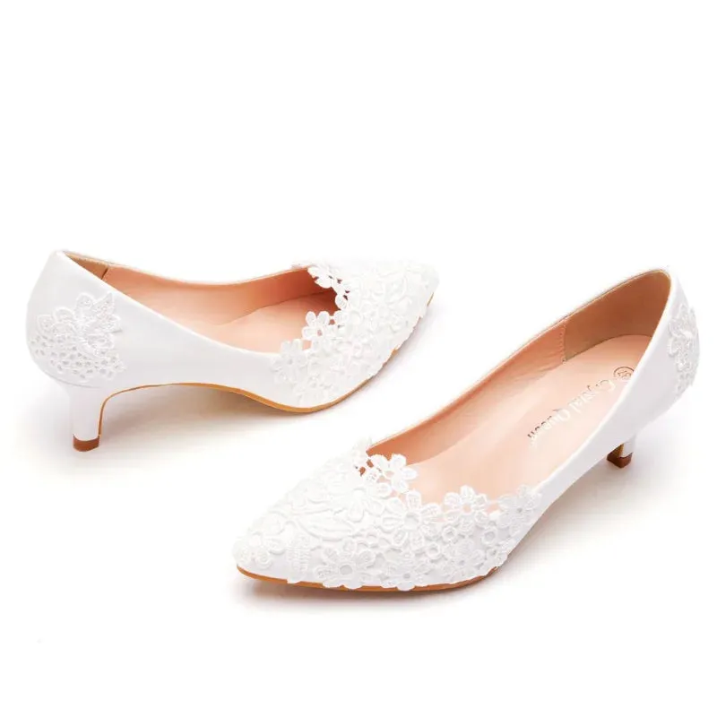 XIHAHA Women's Crystal Queen White Lace Flower Wedding Shoes Woman Point Toe Slips Lady Dress Flats Sneaker Big Size 43