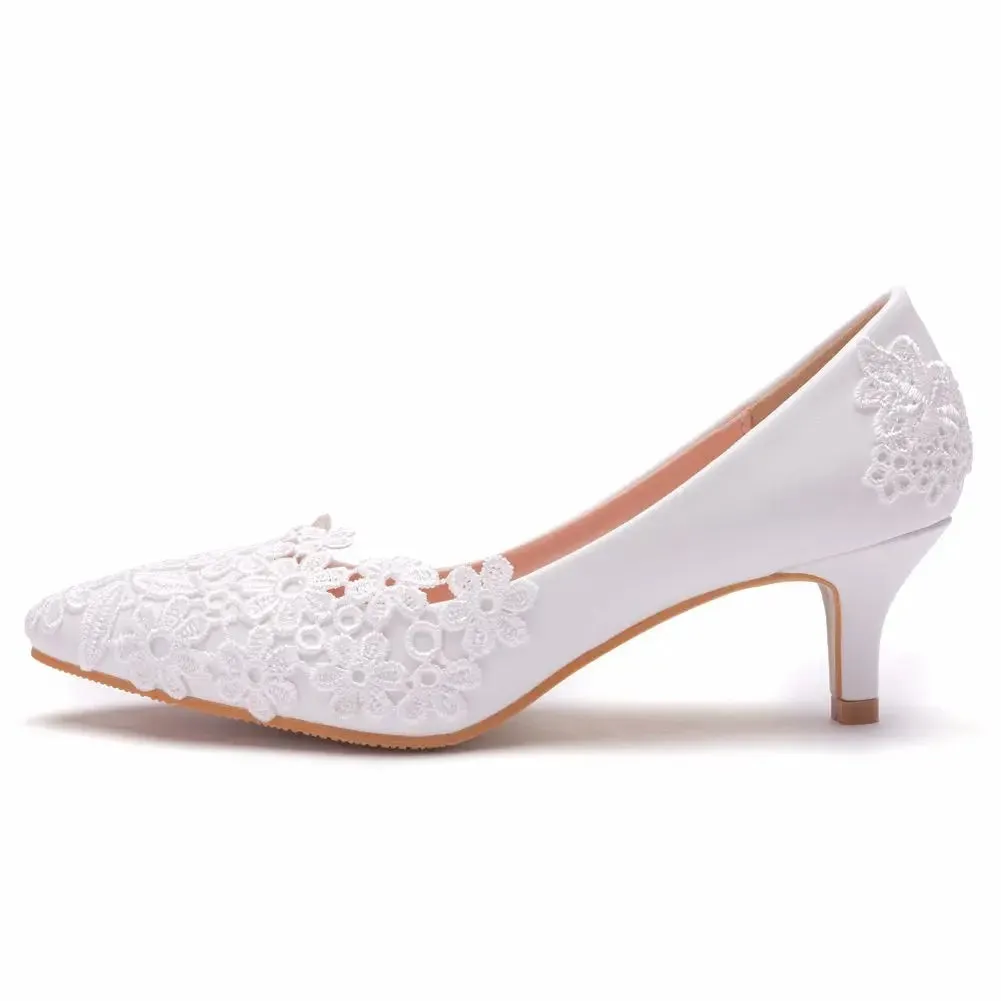 XIHAHA Women's Crystal Queen White Lace Flower Wedding Shoes Woman Point Toe Slips Lady Dress Flats Sneaker Big Size 43