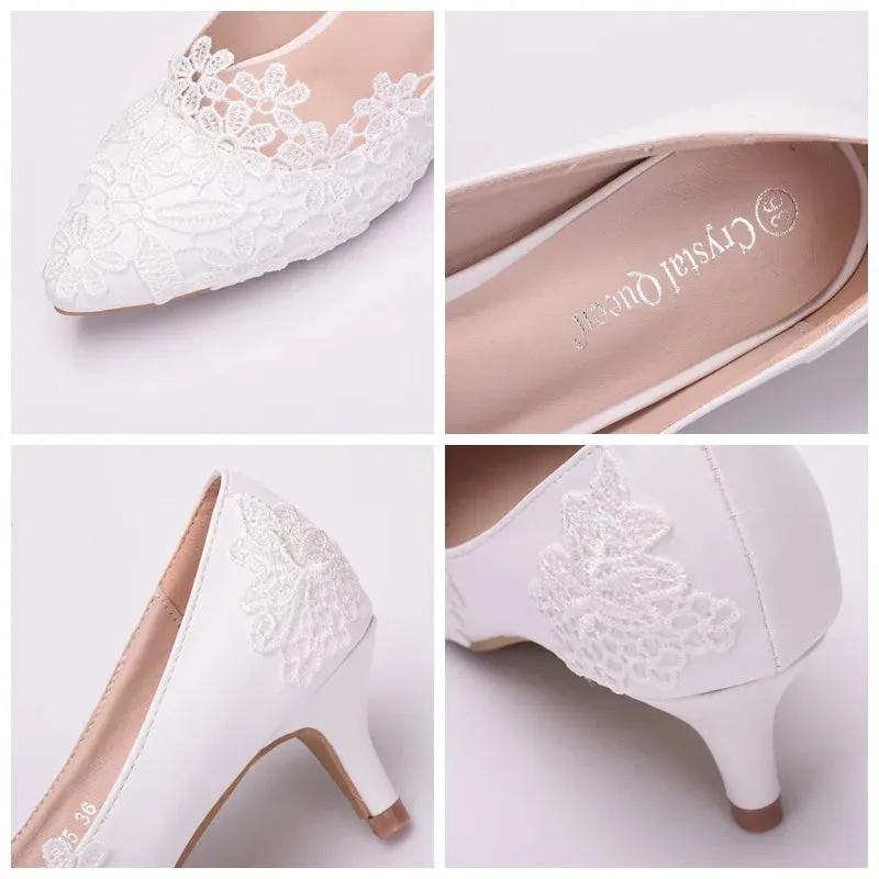 XIHAHA Women's Crystal Queen White Lace Flower Wedding Shoes Woman Point Toe Slips Lady Dress Flats Sneaker Big Size 43